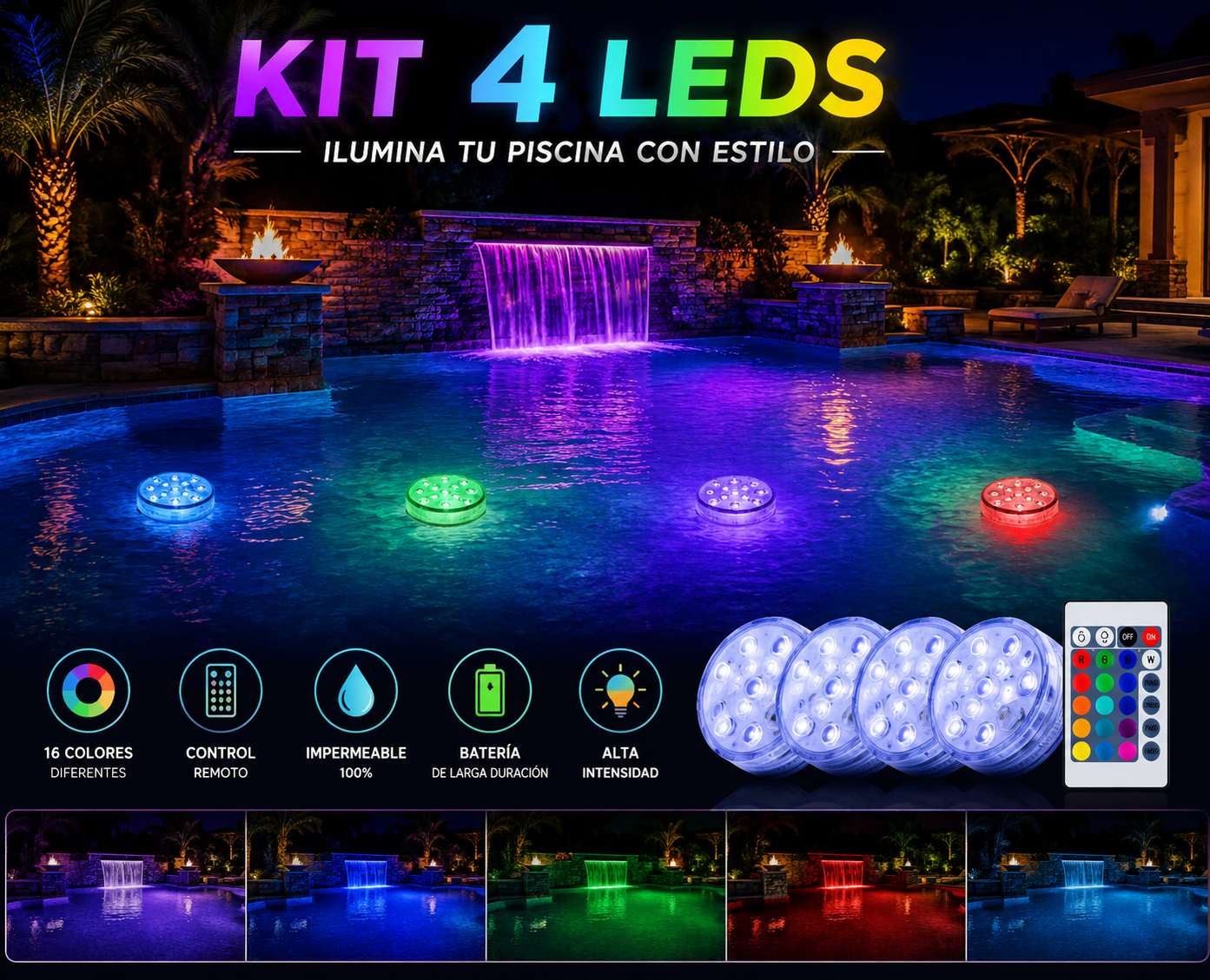 Kit de iluminación RGB para piscinas - Inalámbrico con control remoto