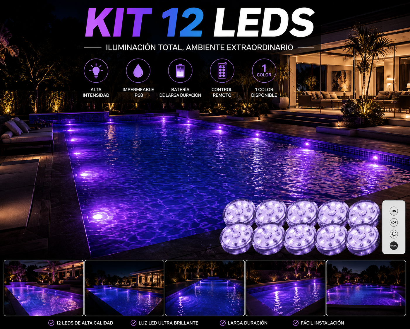 Kit de iluminación RGB para piscinas - Inalámbrico con control remoto