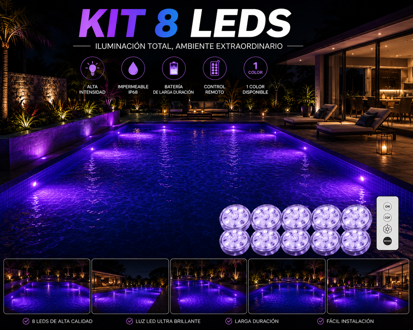 Kit de iluminación RGB para piscinas - Inalámbrico con control remoto